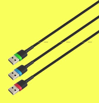 three cables with a USB connector, in RGB colors, isolated on a yellow background