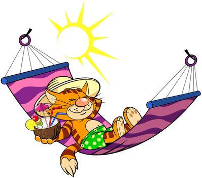 Color vector illustration of a cartoon red cat in a striped hammock with Coconut cocktail on the beach.
