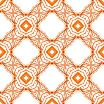 Textile ready mesmeric print, swimwear fabric, wallpaper, wrapping. Orange symmetrical boho chic summer design. Tiled watercolor background. Hand painted tiled watercolor border.
