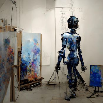 anthropomorphic robot artist in the studio next to the easel, painting and paints while working - neural network generated art, picture produced with ai from scratch