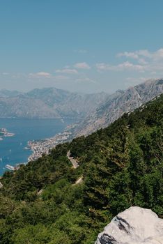 Beautiful nature mountains landscape. Kotor bay, Montenegro. Views of the Boka Bay, with the cities of Kotor and Tivat with the top of the mountain, Montenegro.