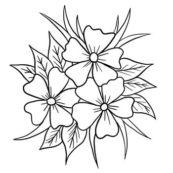 Hand drawn floral flower leaves illustration, black white elegant wedding ornament, Line art minimalism tatoo style design summer spring nature branch foliage blossom