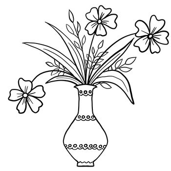 Hand drawn floral flower leaves in vase illustration, black white elegant wedding ornament, Line art minimalism tatoo style design summer spring nature branch foliage blossom