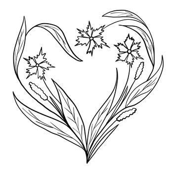 Hand drawn floral flower leaves heart illustration, black white elegant wedding ornament, Line art minimalism tatoo style design summer spring nature branch foliage blossom