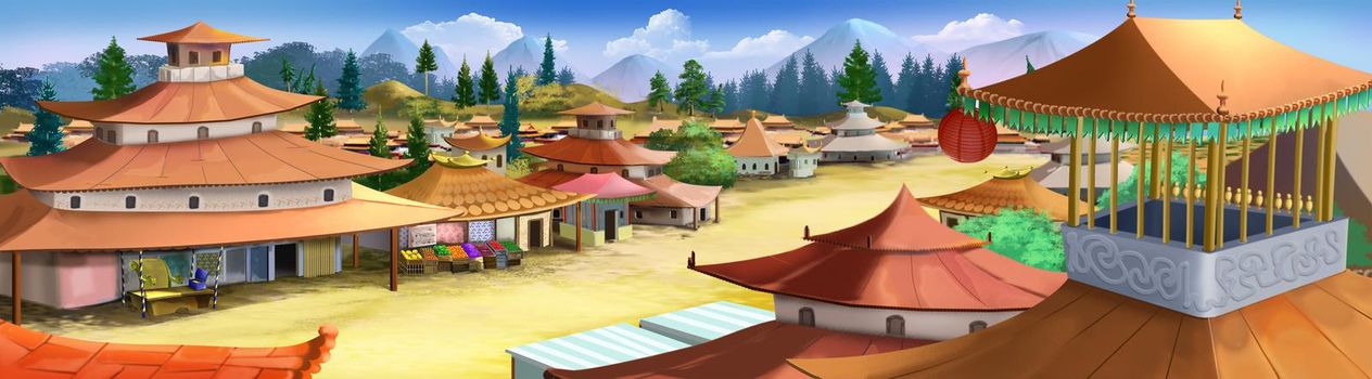 Ancient village in ancient China on a sunny day. Digital Painting Background, Illustration.