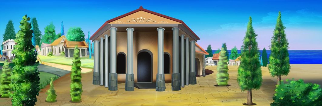 Ancient roman temple by the sea on a sunny day. Digital Painting Background, Illustration.