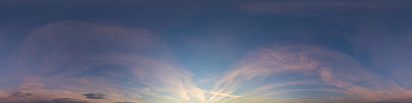 Dark blue sunset sky panorama with pink Cumulus clouds. Seamless hdr 360 pano in spherical equirectangular format. Full zenith for 3D visualization, game, sky replacement for aerial drone panoramas