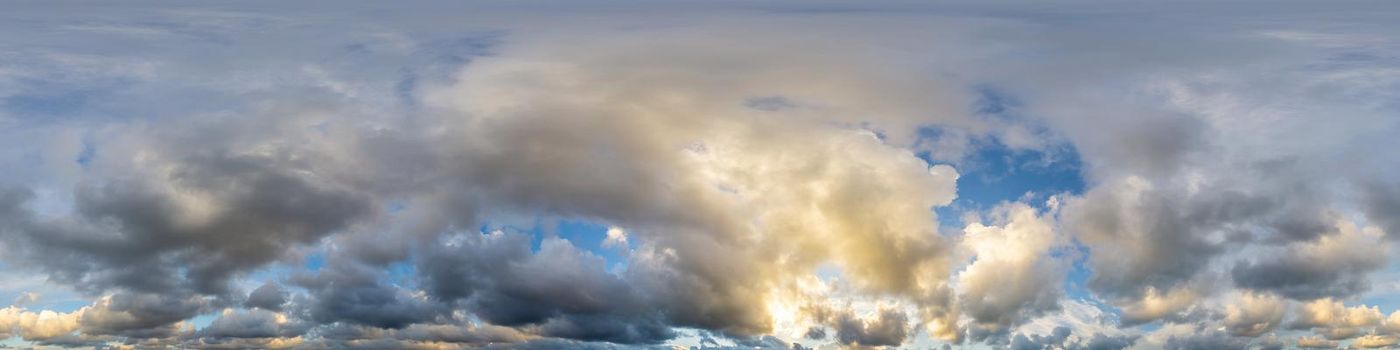 Dark blue twilight sky panorama with Cumulus clouds. Seamless hdr 360 panorama in spherical equiangular format. Full zenith or sky dome for 3D visualization, sky replacement for aerial drone panoramas