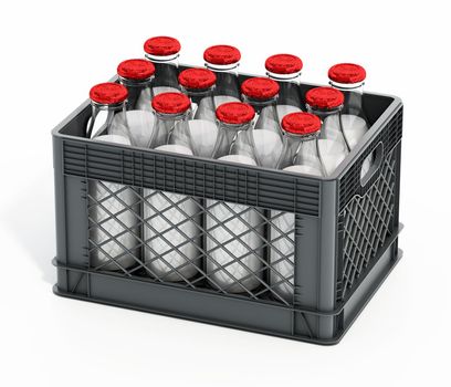 Milk bottles inside plastic crate. 3D illustration.