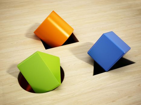 Shape sorter puzzle toy with square, circle and triangle shapes inside wrong places. 3D illustration.