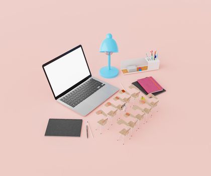 From above 3D rendering of large laptop with white screen and lamp with notebooks and stationery placed against pink background with rows of chairs
