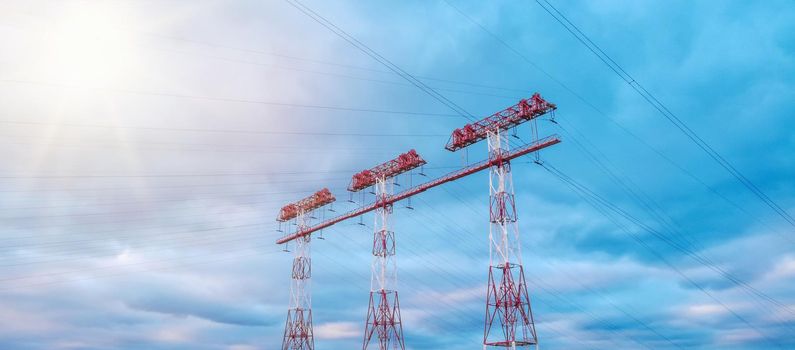 High-voltage transmission towers. High voltage post. High voltage tower sky sunset background. Download high quality photo