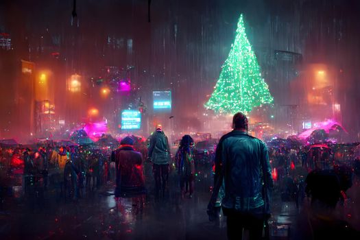 cyberpunk neon illuminated city street at christmas night with crowd of people and turquoise glowing xmas tree, picture produced by neural network from scratch using text query