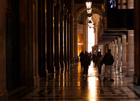 Milan, Italy - January 23, 2022: Colonnade of Corso Vittorio Emanuele II on January 23, 2022