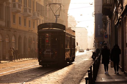 Milan, Italy - January 23, 2022: Old vintage tram on the street on January 23, 2022