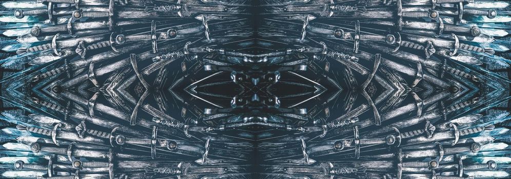 Metal knight swords horizontal background. Close up. The concept Knights.
