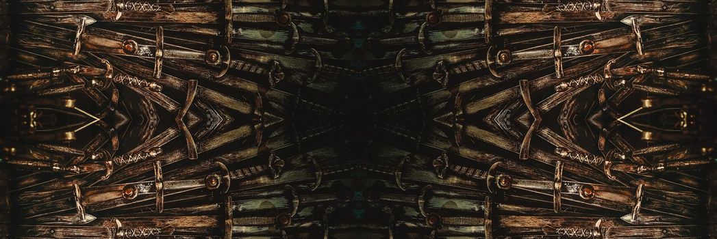 Metal knight swords horizontal background. Close up. The concept Knights.