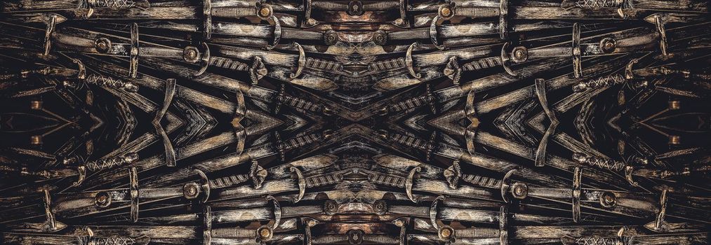 Metal knight swords horizontal background. Close up. The concept Knights.