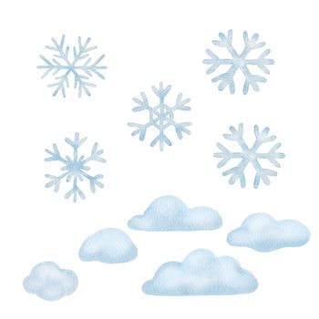 set of watercolor snowflakes and snowdrifts isolated on white background