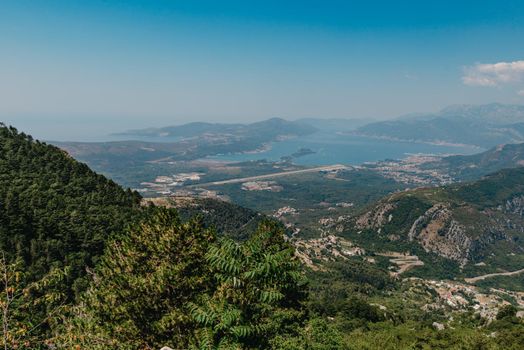 Beautiful nature mountains landscape. Kotor bay, Montenegro. Views of the Boka Bay, with the cities of Kotor and Tivat with the top of the mountain, Montenegro.