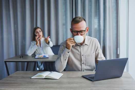 Professional expert working with information for business, corporate money investment report, coffee at work, time on laptop computers, presence of marketing