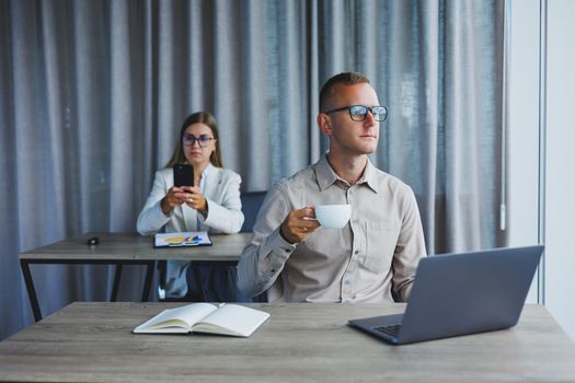 Professional expert working with information for business, corporate money investment report, coffee at work, time on laptop computers, presence of marketing