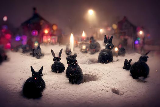 black rabbits on snowy night town street, cozy christmas outdoor miniature with selective focus and background blur, neural network generated art, picture produced with ai in 2022