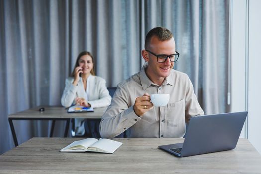 Professional expert working with information for business, corporate money investment report, coffee at work, time on laptop computers, presence of marketing