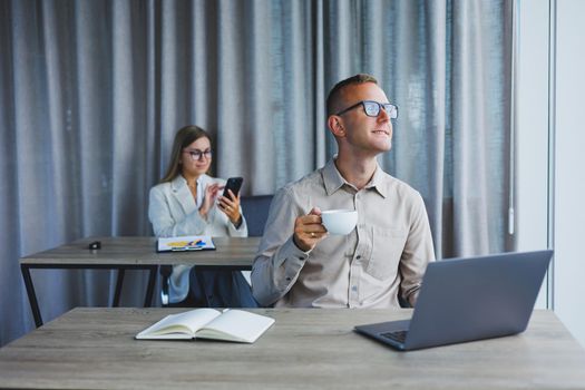 Professional expert working with information for business, corporate money investment report, coffee at work, time on laptop computers, presence of marketing