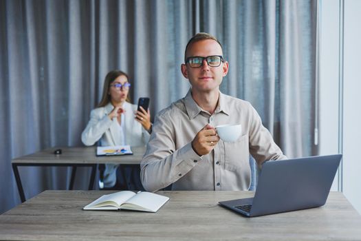 Professional expert working with information for business, corporate money investment report, coffee at work, time on laptop computers, presence of marketing