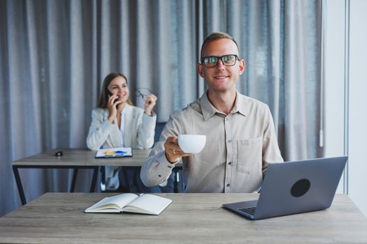 Professional expert working with information for business, corporate money investment report, coffee at work, time on laptop computers, presence of marketing