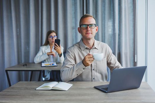 Professional expert working with information for business, corporate money investment report, coffee at work, time on laptop computers, presence of marketing