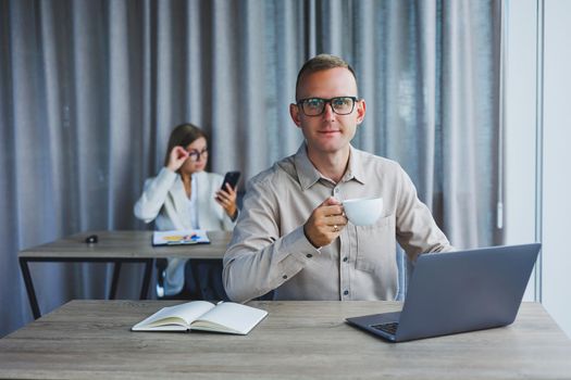 Professional expert working with information for business, corporate money investment report, coffee at work, time on laptop computers, presence of marketing