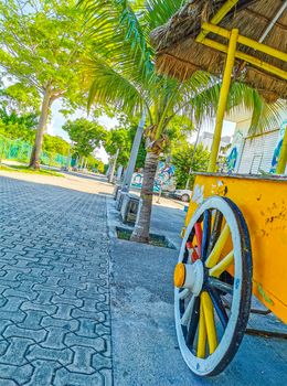 Drivable orange tropical juice shop on wheels in Playa del Carmen Mexico