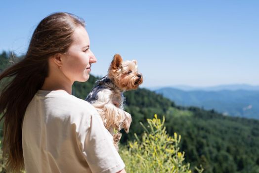 Pet care. Travelling. Young pretty caucasian woman smiling holding small dog yorkshire terrier. Woman travel with pet. Selective focus