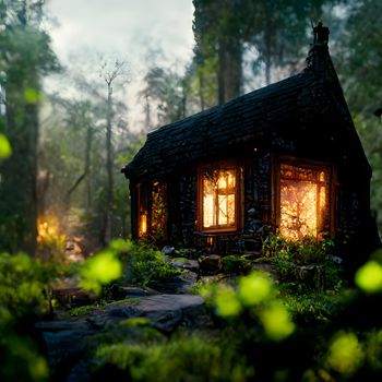 A cottage in magic green forest, fantasy artwork with volumetric lighting, neural network generated art, picture produced with ai in 2022