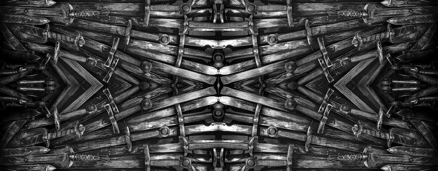 Metal knight swords horizontal background. Close up. The concept Knights.