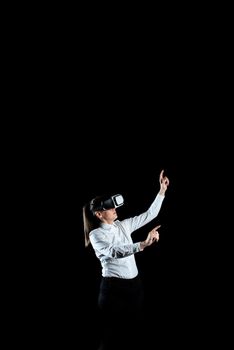 Woman Wearing Virtual Reality Simulator And Gesturing During Training.