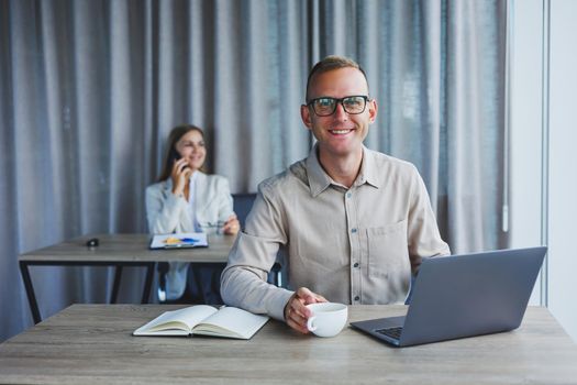 Professional expert working with information for business, corporate money investment report, coffee at work, time on laptop computers, presence of marketing