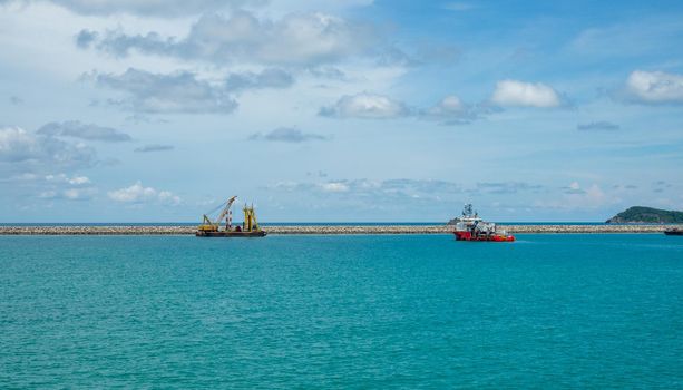 Transport boats moored on the coast of the Gulf of Thailand, Sattahip, Thailand.