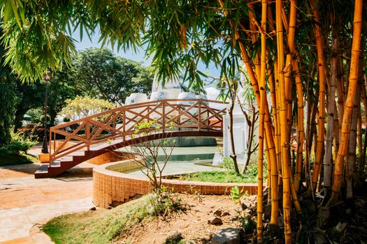 Wooden bridge in a park over water fountain surrounded by bamboo. Side view of a small wooden bridge over a water fountain in a calm park. Nagarote central park, Nicaragua.