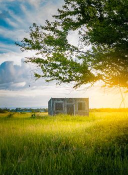 An abandoned house in the field at sunset, View of a lonely and abandoned house in the middle of the grass, Small abandoned house in the forest, Landscape of an abandoned house at sunset