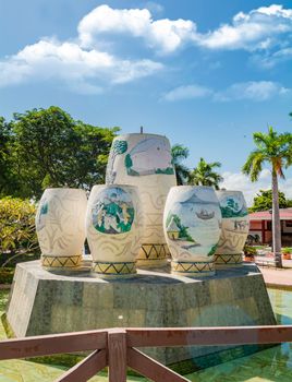 Cultural gourds in the middle of a fountain on a sunny day. LAS JICARAS fountain in Nagarote park. Las Jicaras cultural fountain in Nagarote, Nicaragua