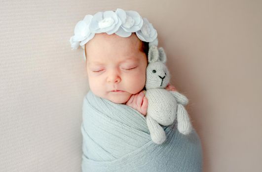 Newborn baby swaddled in fabric holding knitted bunny toy and sleeping portrait. Infant child kid napping studio photoshoot