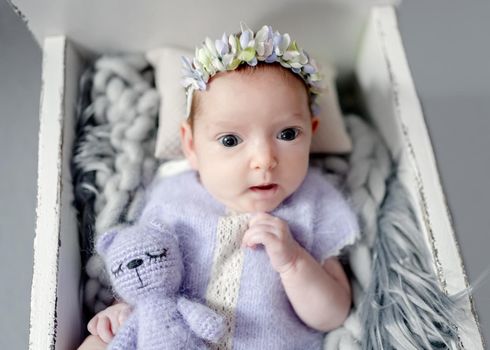 Newborn baby girl wearing knitted costume and wreath holding soft kitty cat toy. Infant child kid in tiny bed studio photoshoot