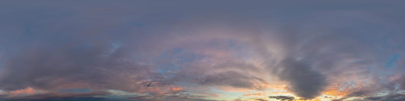 Dark blue sunset sky panorama with pink Cumulus clouds. Seamless hdr 360 pano in spherical equirectangular format. Full zenith for 3D visualization, game, sky replacement for aerial drone panoramas