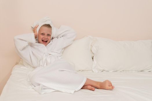 Head bed bathrobe copyspace smile Creek girl white cute people, for lifestyle pretty in happy from gown take, child bathing. Health funny comfort,