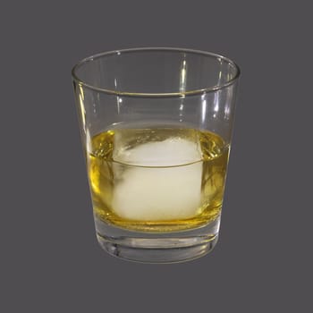 Studio photograph of a glass with an ice cube on grey background