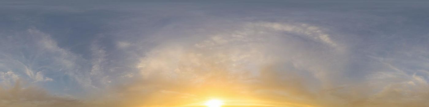 Sky panorama with Cirrus clouds in Seamless spherical equirectangular format. Full zenith for use in 3D graphics, game and editing aerial drone 360 degree panoramas for sky replacement