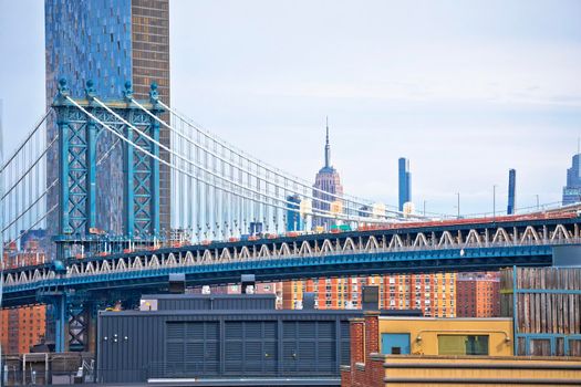 Manhattan bridge and New York City skyline view, USA